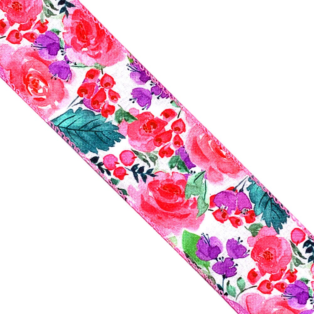 Designer&#x27;s Shop WR 63-5200 Spring Summer Pink Rose, Red / Purple small floral and green leaf on white burlap wired edge ribbons, 2.5&#x22; x 10 yards