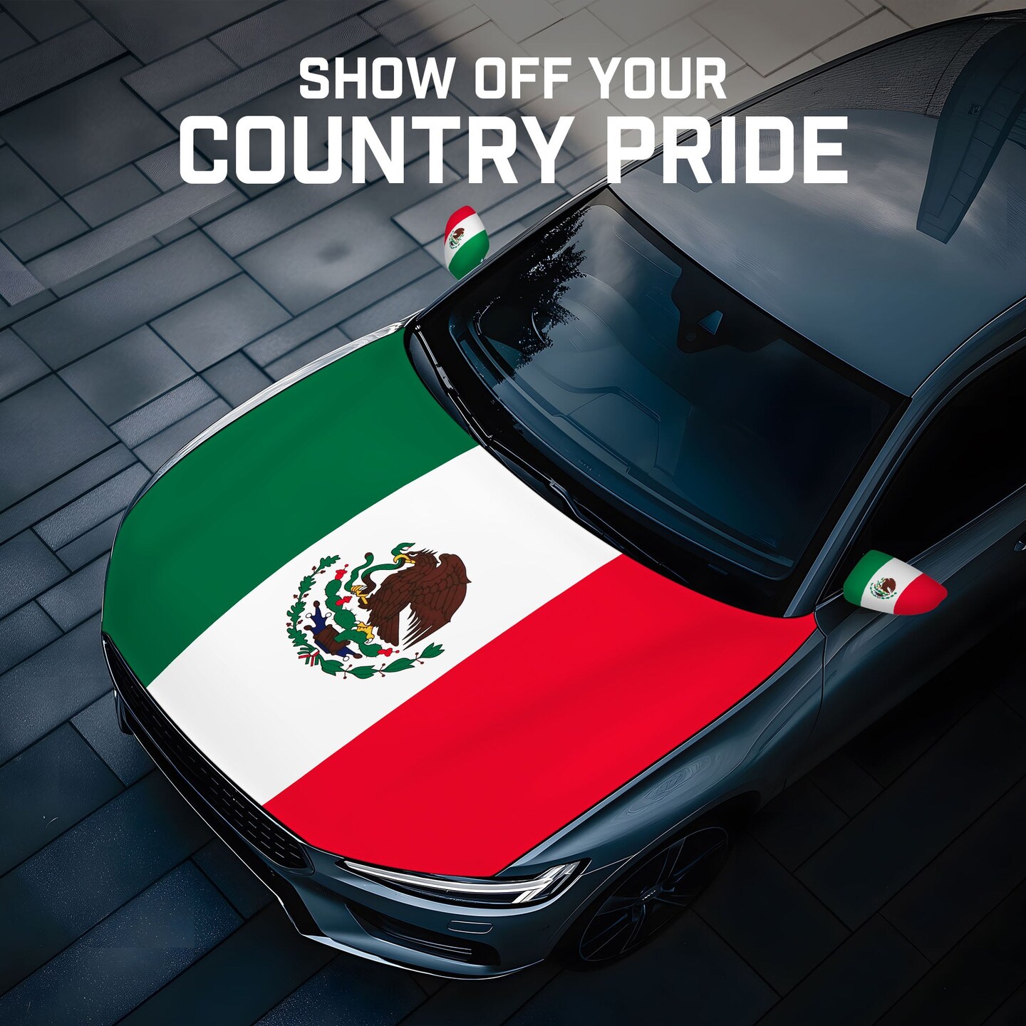 G128 Combo Pack: Mexico Mexican Car Hood Cover 3.94x5.25 Ft & 2PK Mexico Mexican Car Side View Mirror Cover 5.9x8.66 In | Both Washable Elastic Weatherproof Polyester | Show Your Enthusiasm and Pride