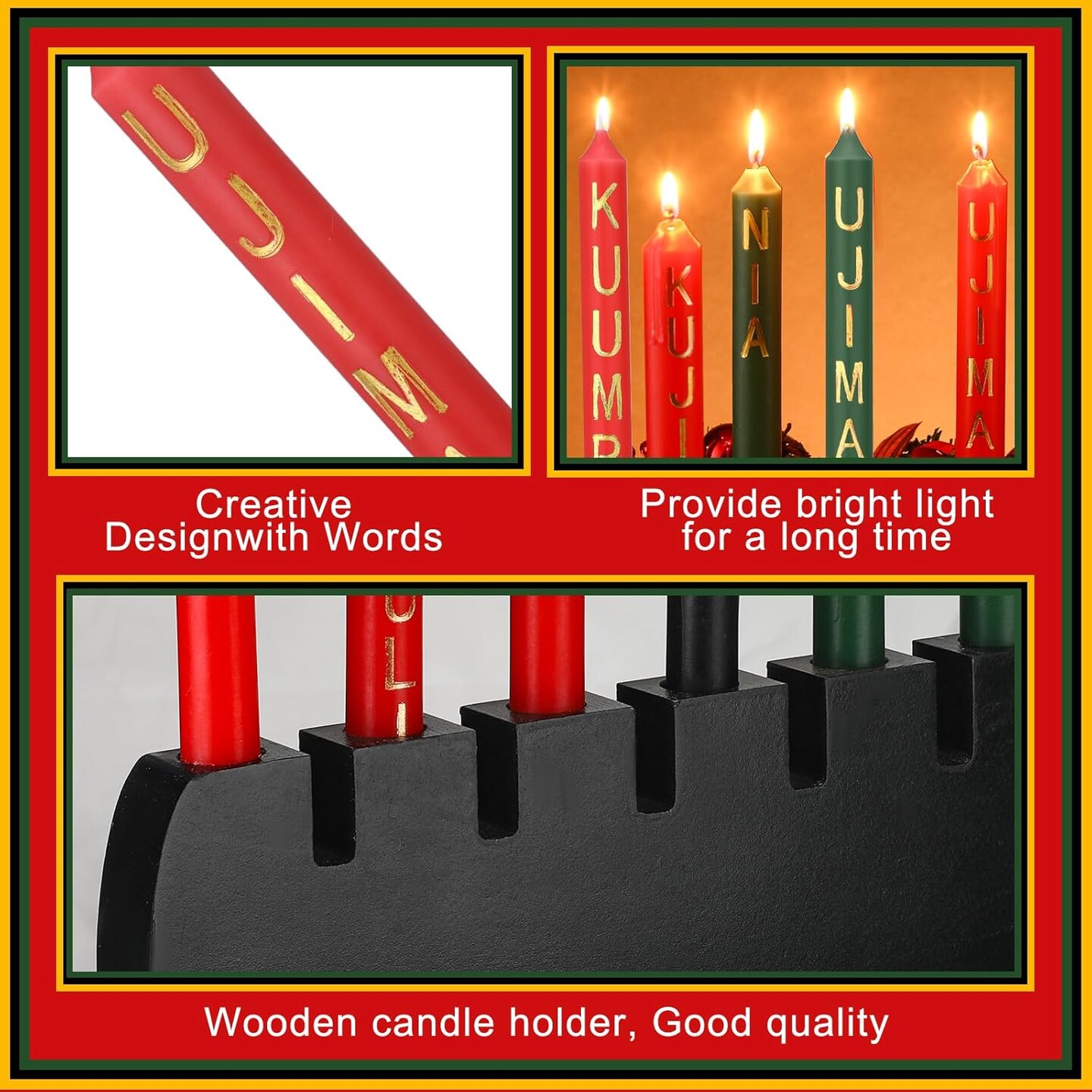 Black Kwanzaa Kinara Wood Candle Set Handmade Wooden Holder Candles with Words Kwanzaa 3 Red 3 Green 1 Black Winter Kinara Candles Celebrates African Americans Traditional House Decor