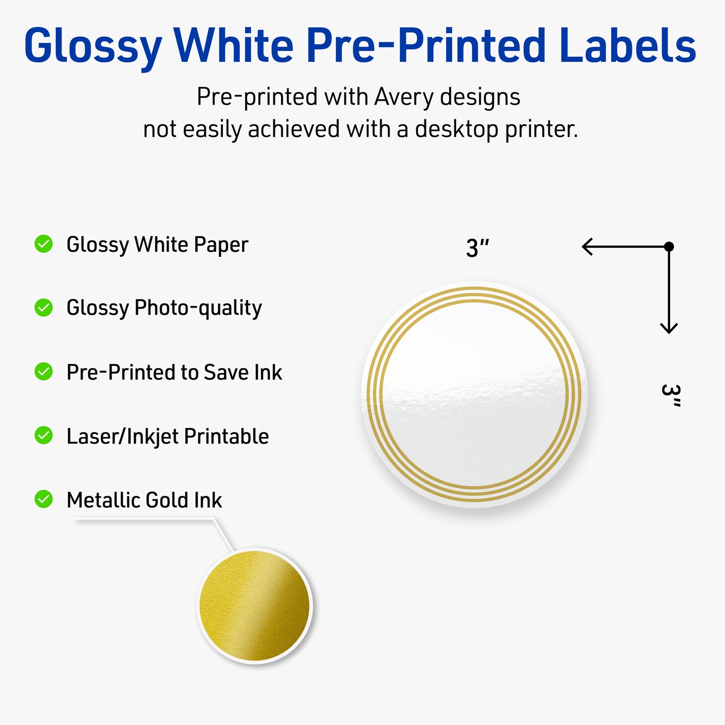 Avery Printable Round Labels, Gold Multi-Lined Border, 3&#x22; Diameter, Glossy White Round Labels, Permanent, Laser/Inkjet, 60ct, Great for Product Labels