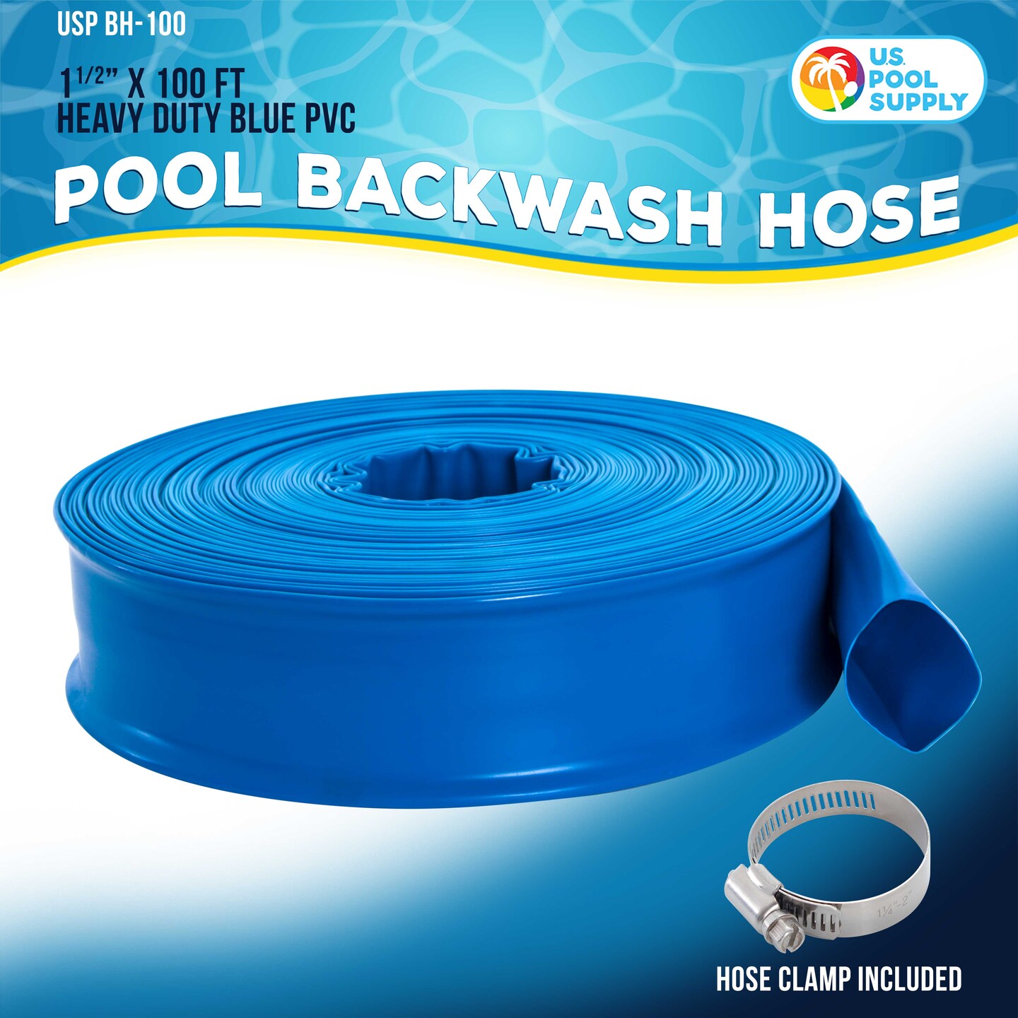 U.S. Pool Supply&#xAE; 1-1/2&#x22; x 100&#x27; Heavy Duty Blue Swimming Pool Backwash Hose with Hose Clamp