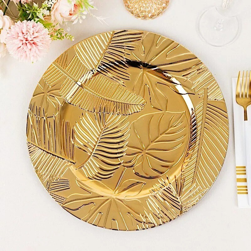 6 Metallic Gold 13" Round Acrylic CHARGER PLATES Embossed Tropical Leaves Party