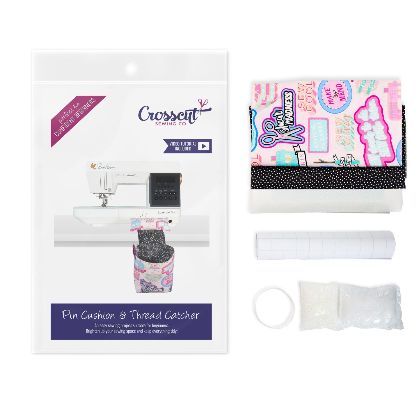 Crosscut Sewing Co.® Pin Cushion & Thread Catcher Sewing Project Kit for Beginners with Fabric, Instructions and Video