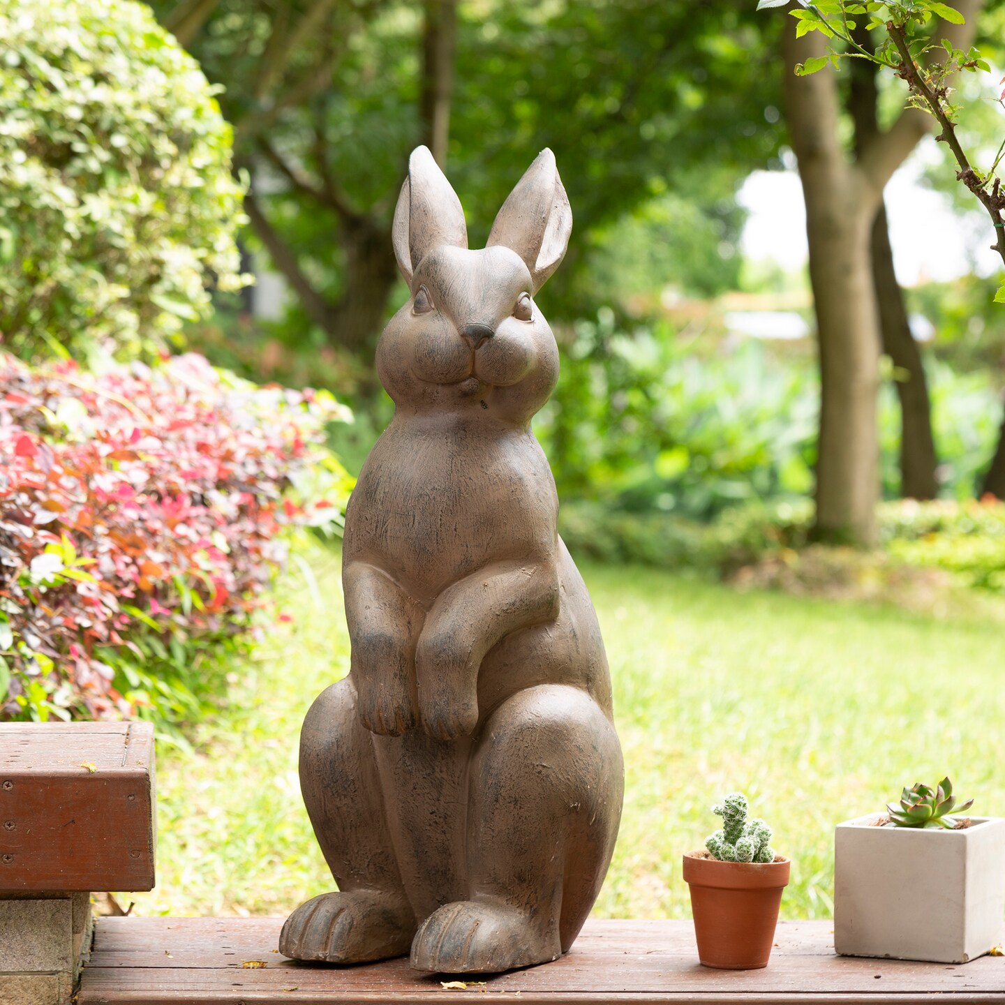 22.75&#x22;H MGO Bronze/White Standing Rabbit Statue