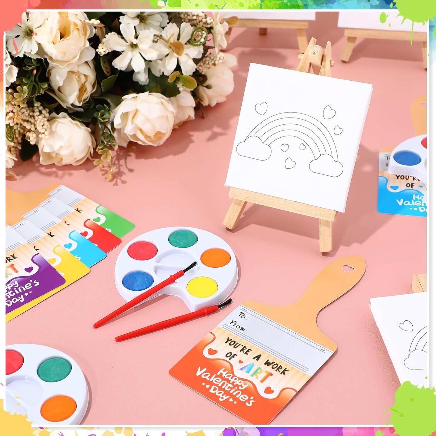 24 Sets Valentines Day Gifts for Kids Valentines Gift Painting Cards Painting Canvas Panel with Wooden Easel Watercolor Paints Kit for School Classroom Exchange Gift Valentine&#x27;s Day Favor