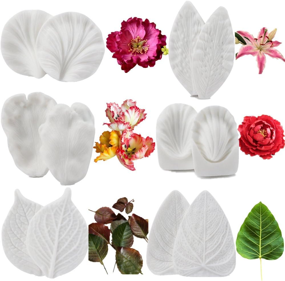 6set Gumpaste Flower and Leaf Silicone Veining Mold Sugarcraft Fondant Flower Making Tools for Wedding Cake Decorating,Chocolate, Sugar,Soap,Gum paste