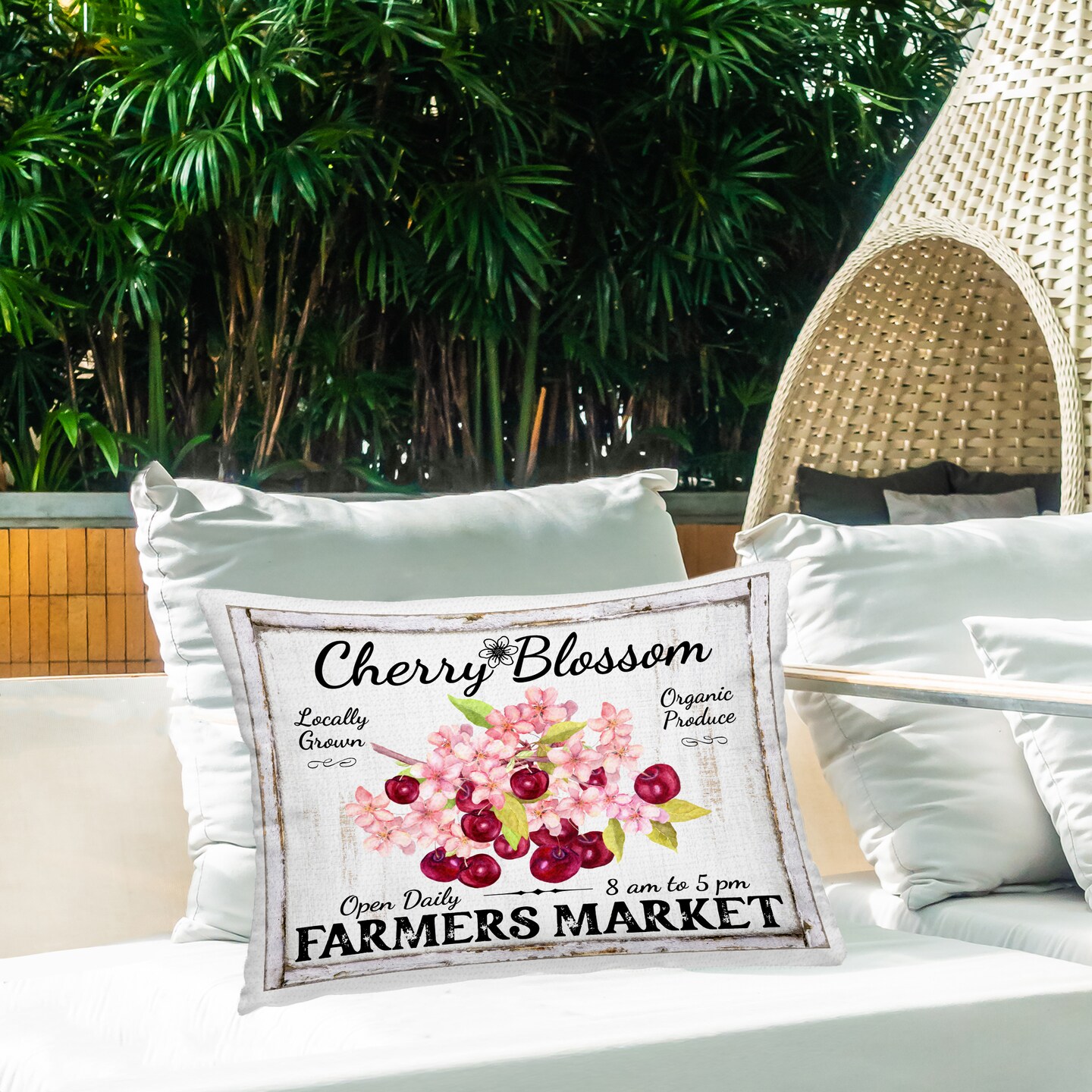 Cherry Blossom Farmer's Market Outdoor Printed Pillow Design by Creatif Belle, 14 x 7 x 20