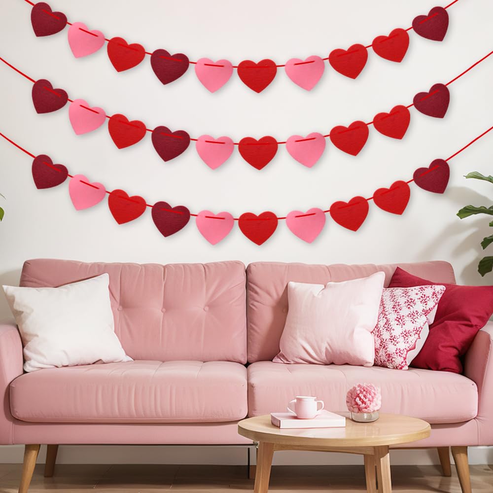Valentines Day Decorations, Pre-Strung Felt Heart Garland for Mantle, Wall, Party Decorations, Hanging Hearts Decorations for Valentines Day Decor - 6 Strips of Valentine&#x27;s Day Banner