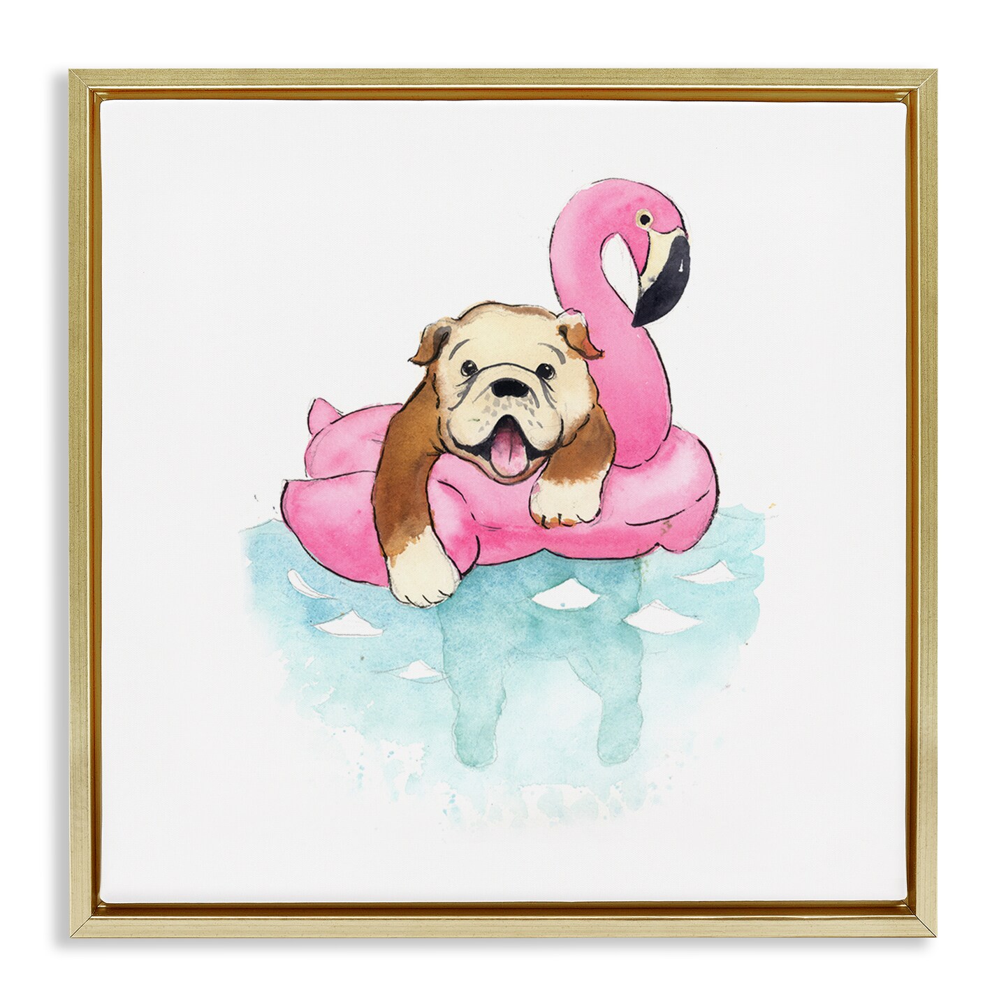 Stupell Industries Bulldog in Pool Float Framed Floater Canvas Wall Art Design by Geoff Allen