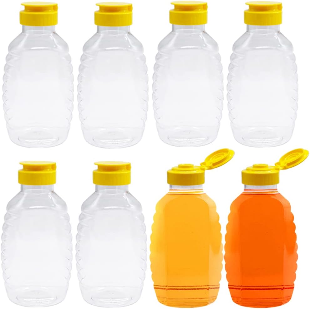 8 Pack 16oz Clear Plastic Honey Bottles,Refillable Food Grade Honey Container,Squeeze Honey Bottle With Leak Proof Flip-Top Caps for Storing and Dispensing