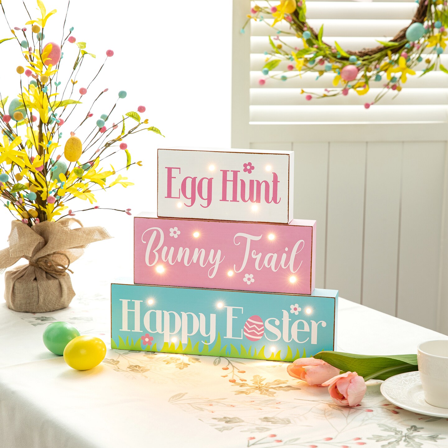 Set of 2 12"L Easter LED Lighted Wooden/Metal Block Word Sign (14 Bulbs)