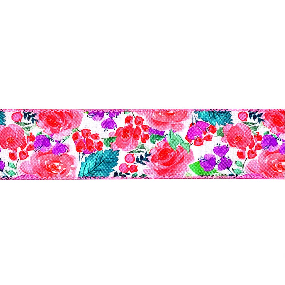 Designer&#x27;s Shop WR 63-5200 Spring Summer Pink Rose, Red / Purple small floral and green leaf on white burlap wired edge ribbons, 2.5&#x22; x 10 yards