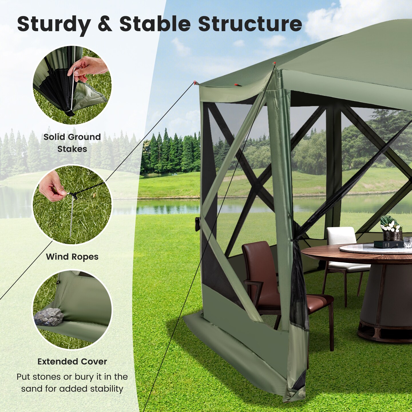 Costway 11.5 X 11.5 FT 6-Sided Pop-up Screen House Tent With 2 Wind Panels for Camping Coffee/Green
