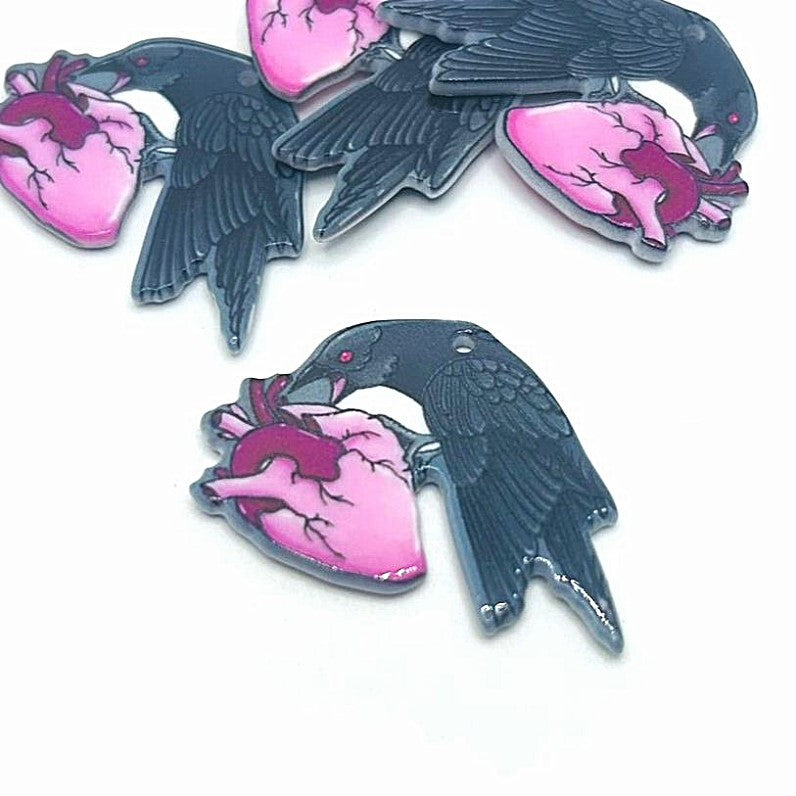 1, 4 or 20 Pieces: Pink Goth Raven and Heart Charms - Double Sided