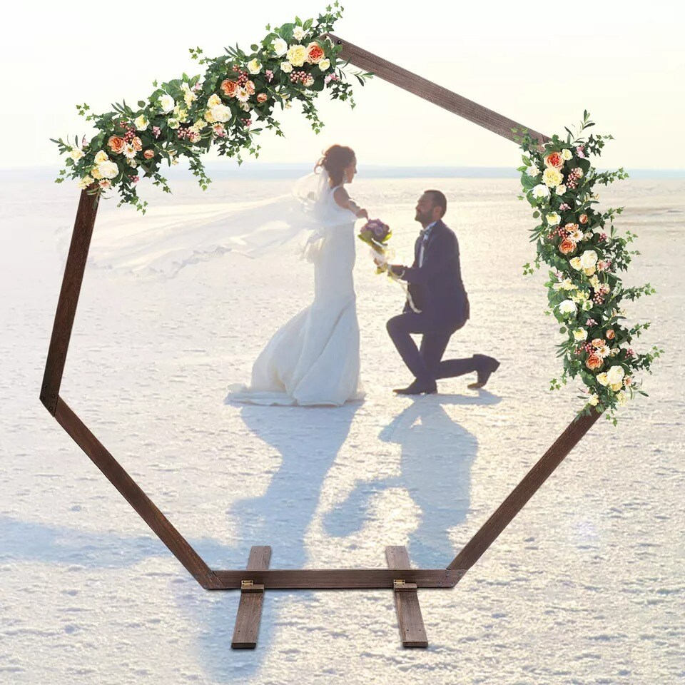 7.2FT Retro Wedding Arch Wooden Heptagon Wedding Backdrop Stand Wooden Arch