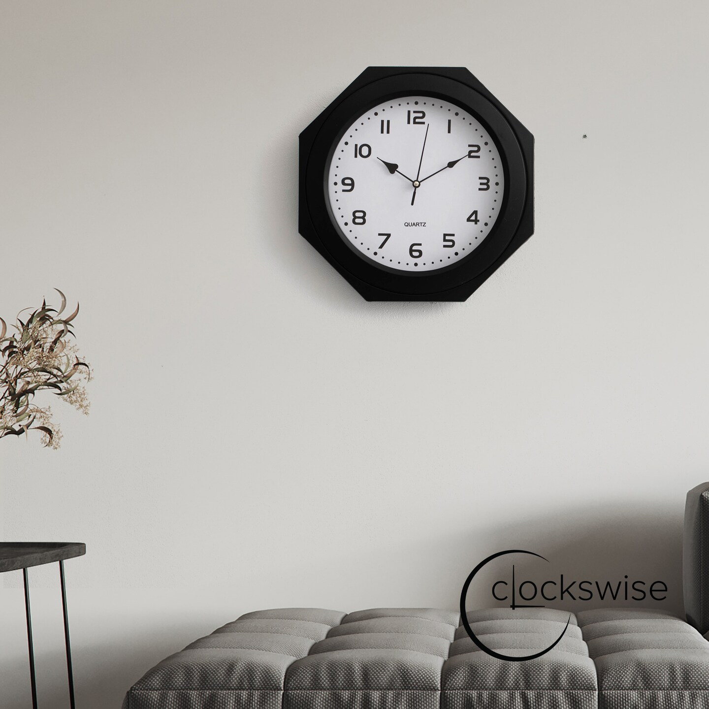 Clockswise Non-Ticking Octagon Plastic Analog Wall Clock - Elegant Decorative Accent for Home Décor in Bedroom, Bathroom, Living Room, Dining Room, Entryway, Hallway, Kitchen or Office, Black