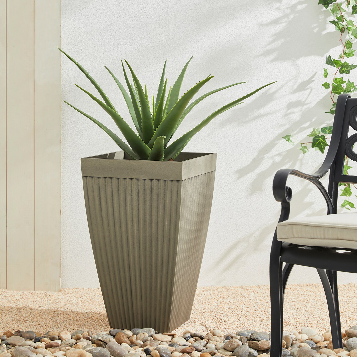 22.75&#x22;H Oversized Set of 2 Eco-Friendly PE and Stone Faux Fluted Textured Concrete Tall Planter