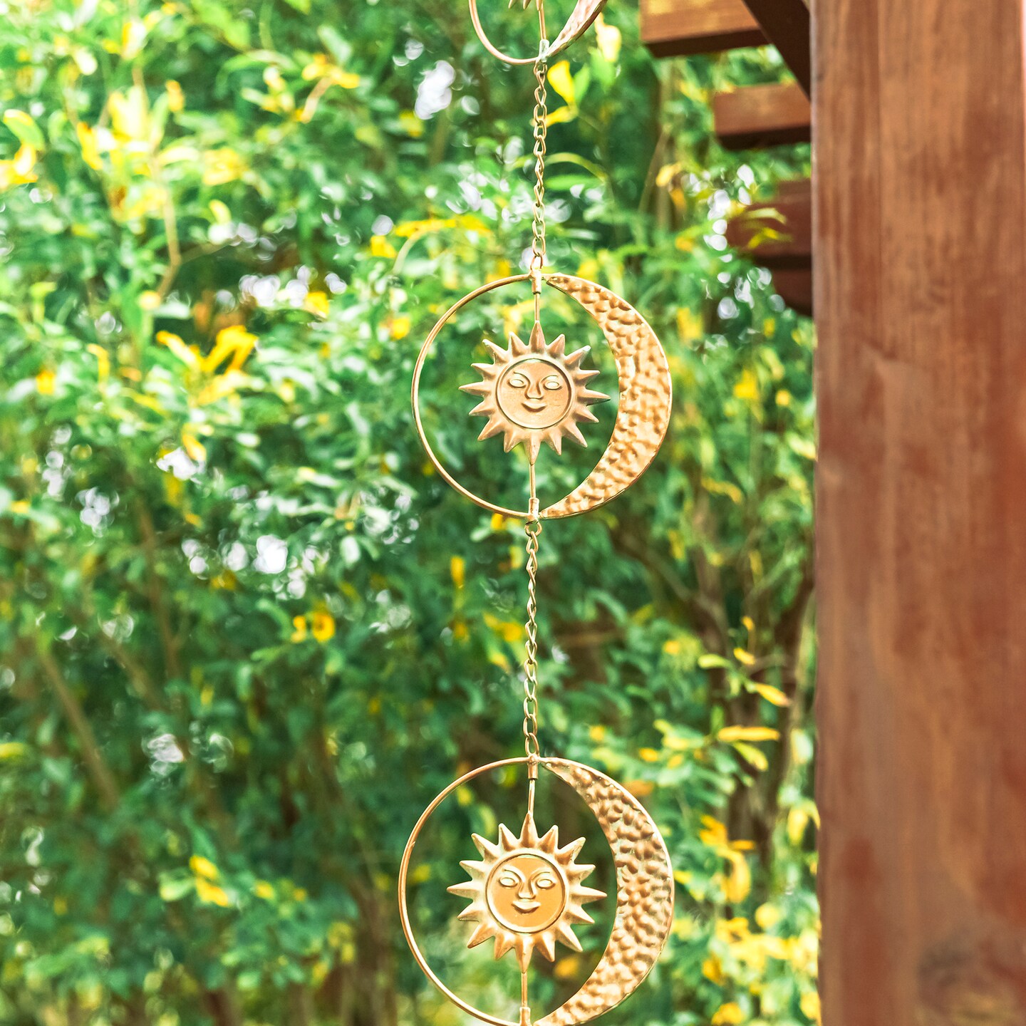 8.5ft 8-Piece Faux Copper Patina Finish Sun and Moon Rain Chain with V-Shaped Gutter Clip