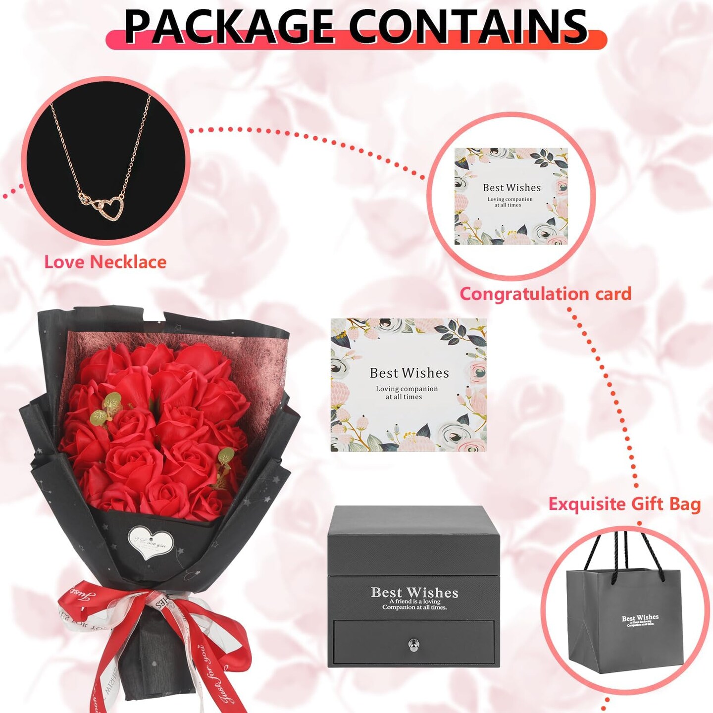 Rose Bouquet Rosas Eternas Preserved Rose Bouquet 18 Flower Bouquet with Beautiful Love Necklace, Unique Gift for Birthday, Valentine&#x27;s Day, Mother&#x27;s Day, Thanksgiving, Christmas, Anniversary(Red)