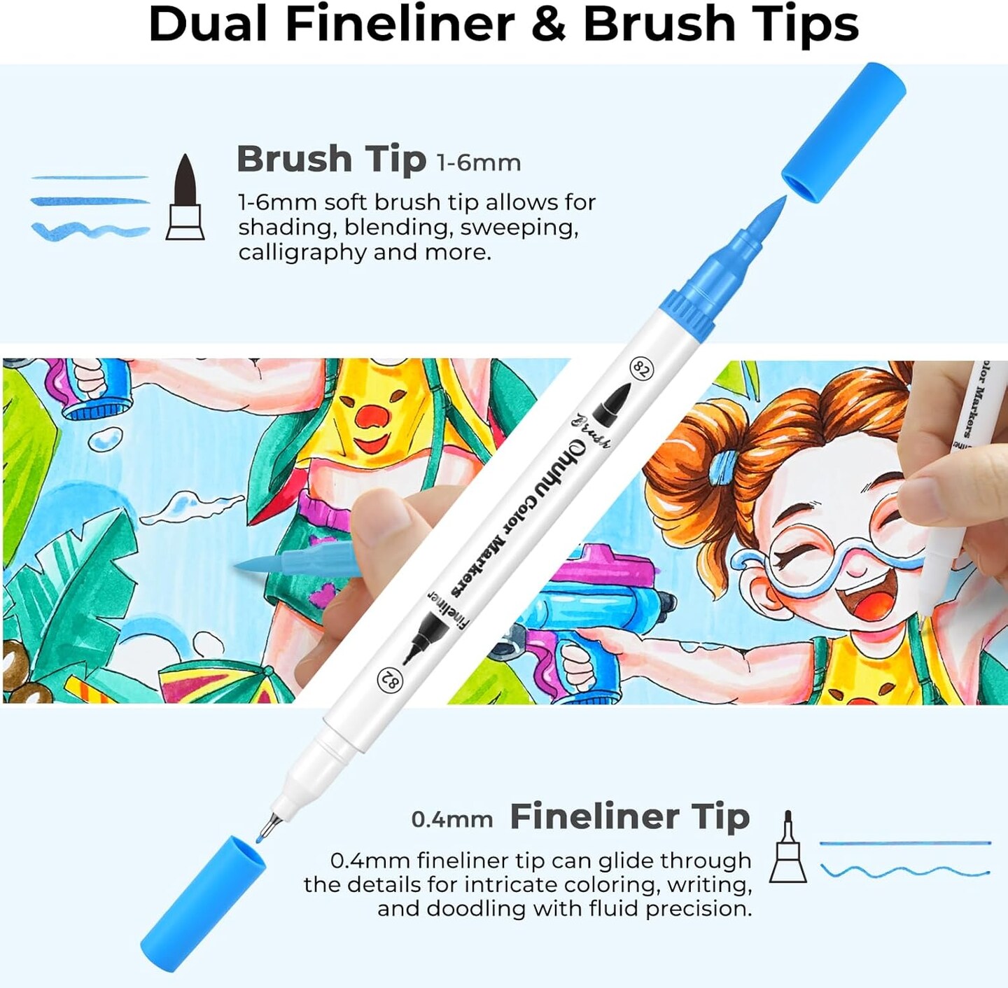 Ohuhu Markers for Adult Coloring Books: 120 Colors Brush Pens Dual Brush Fine Tip Drawing Pens Water-Based Coloring Markers for Calligraphy Bullet Journal with Carrying Case -Maui (White Barrel)