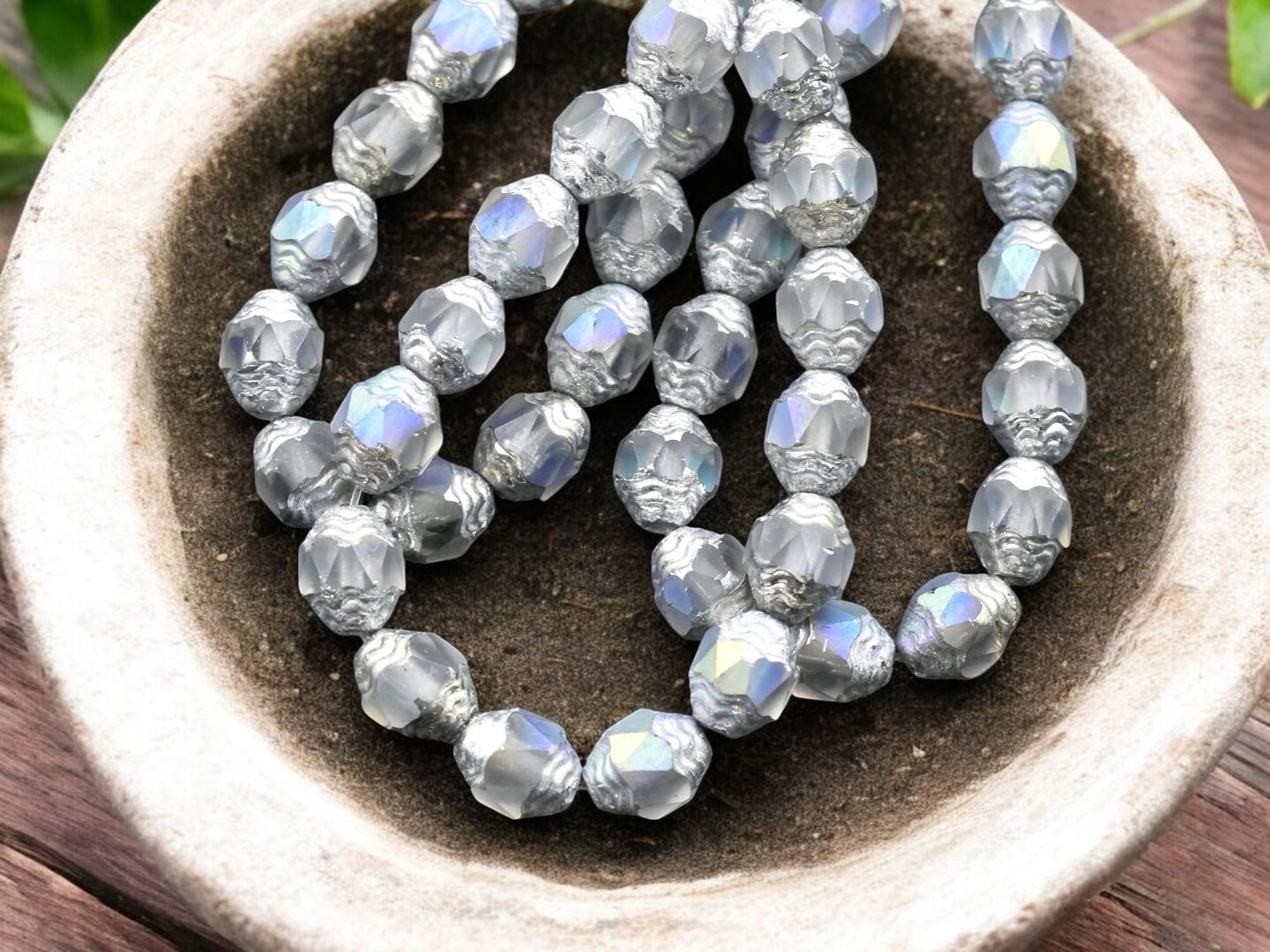 *15* 6x8mm Silver Washed Matte Crystal AB Oval Cathedral Beads