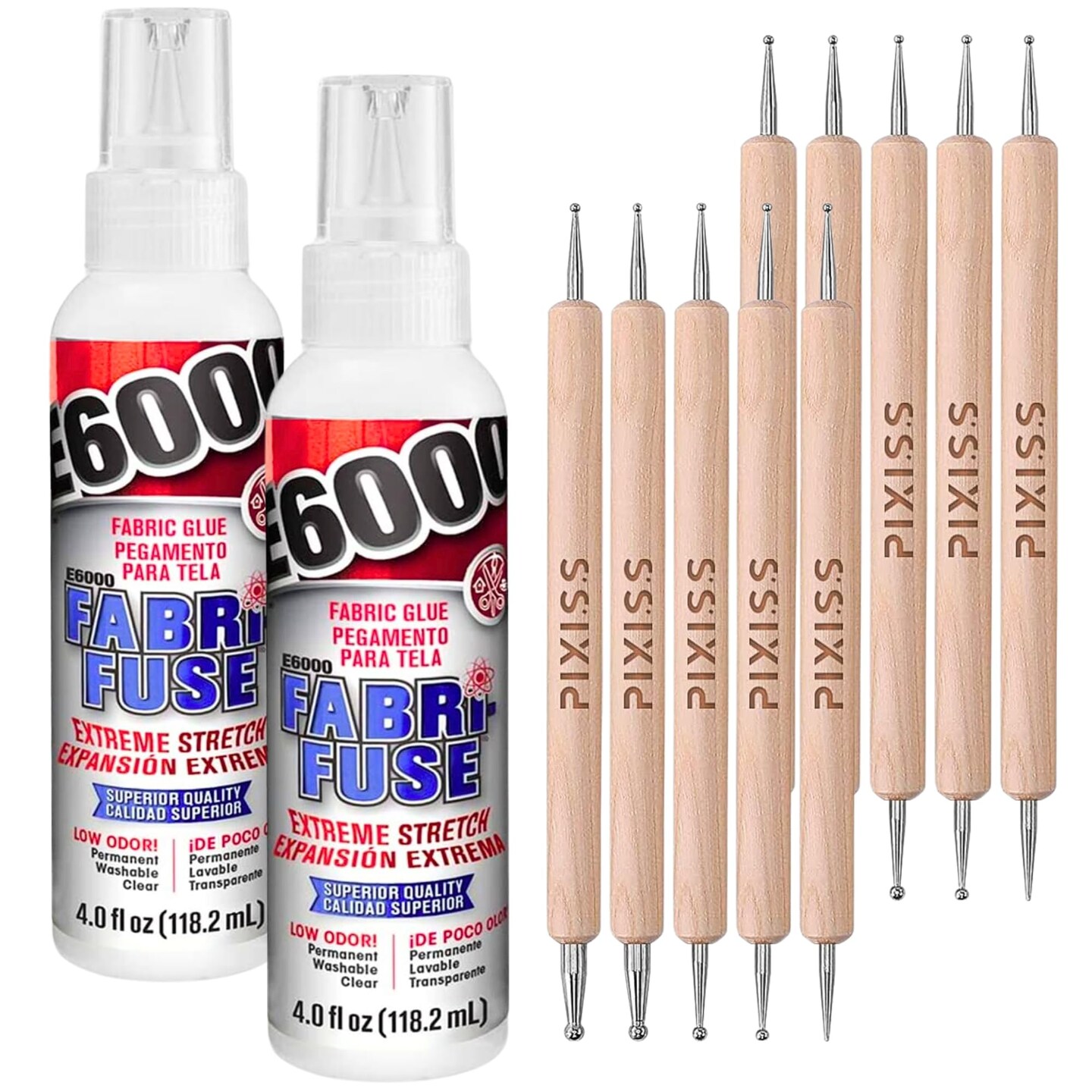 E6000 Fabri-Fuse Fabric Adhesive Glue 2-Pack (4oz) with Pixiss Wooden Handle Styluses (10pcs) - Rhinestones Glue for Clothes and Fabrics with Dotting Tools