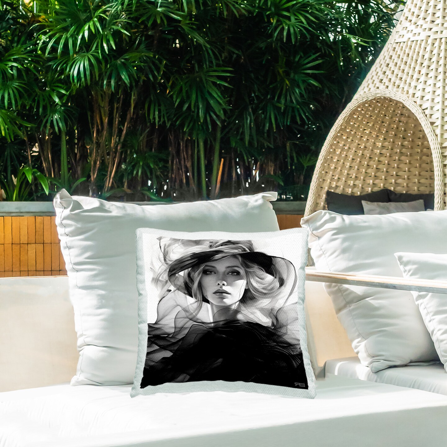 Swirling Fashion Woman Design by RB Outdoor Printed Pillow 
