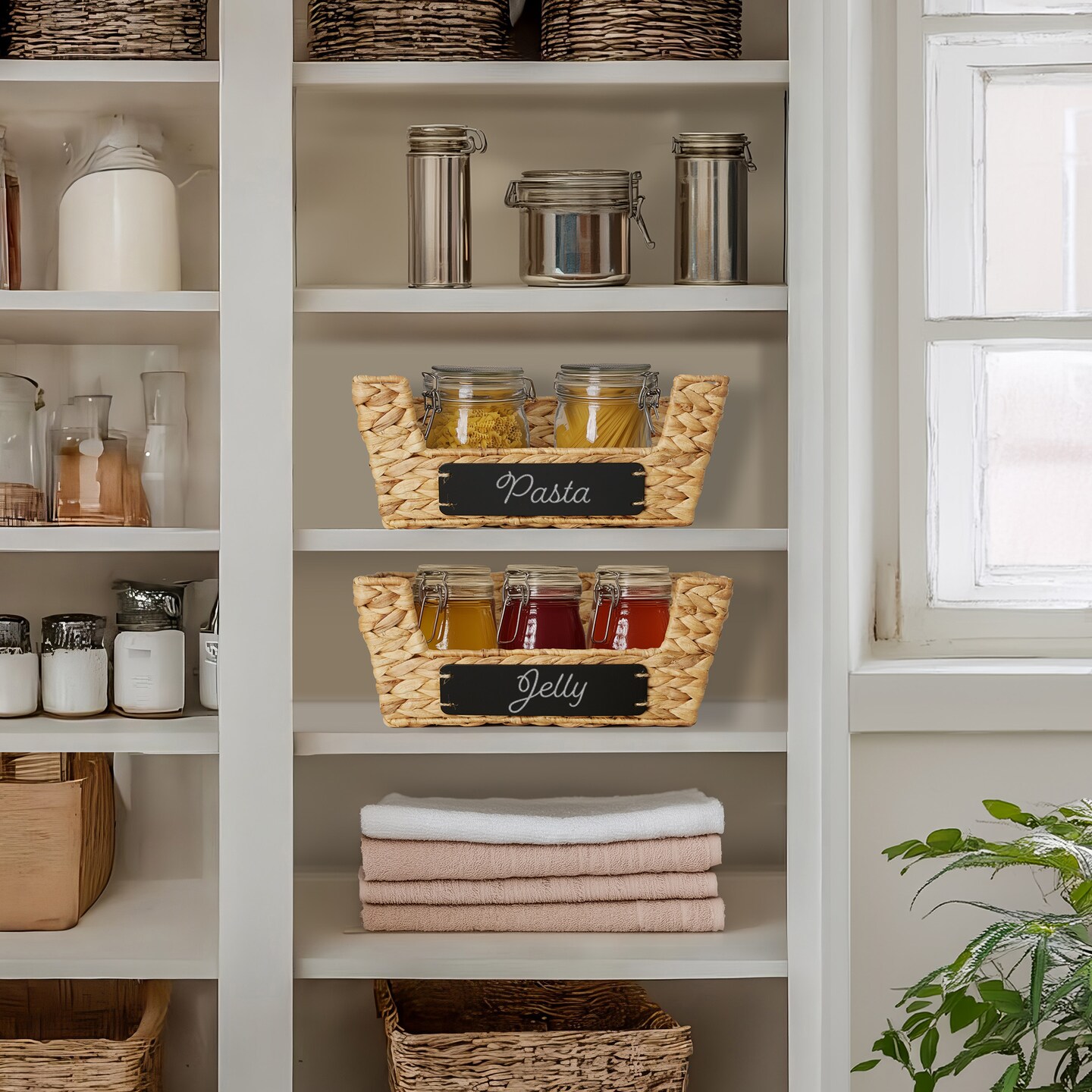 Casafield Set of 2 Water Hyacinth Seagrass Pantry Baskets with Handles, Chalkboard Labels, and Marker, Wide Woven Storage Bin Organizers for Kitchen