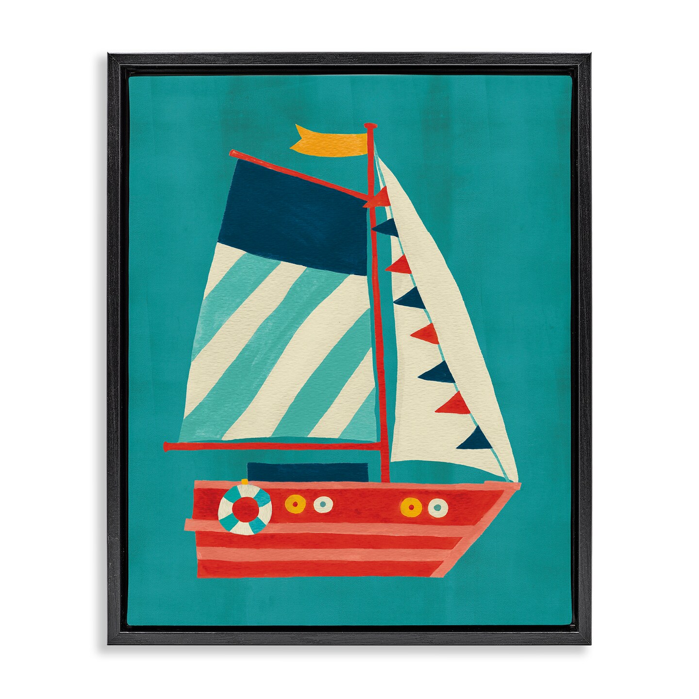 Stupell Industries Striped Sailboat on Blue Framed Floater Canvas Wall Art Design by Irene Chan