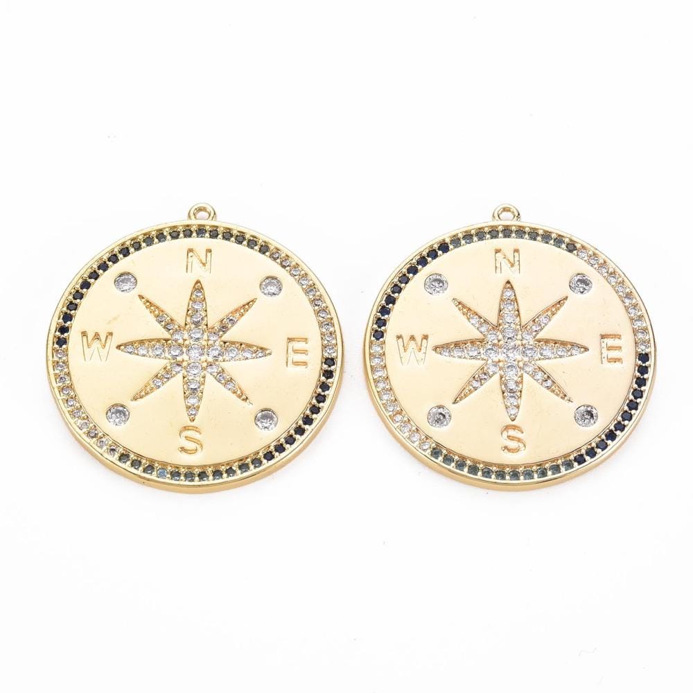 32x30mm 18k Gold Plated Micro Pave Cubic Zirconia Compass Pendant