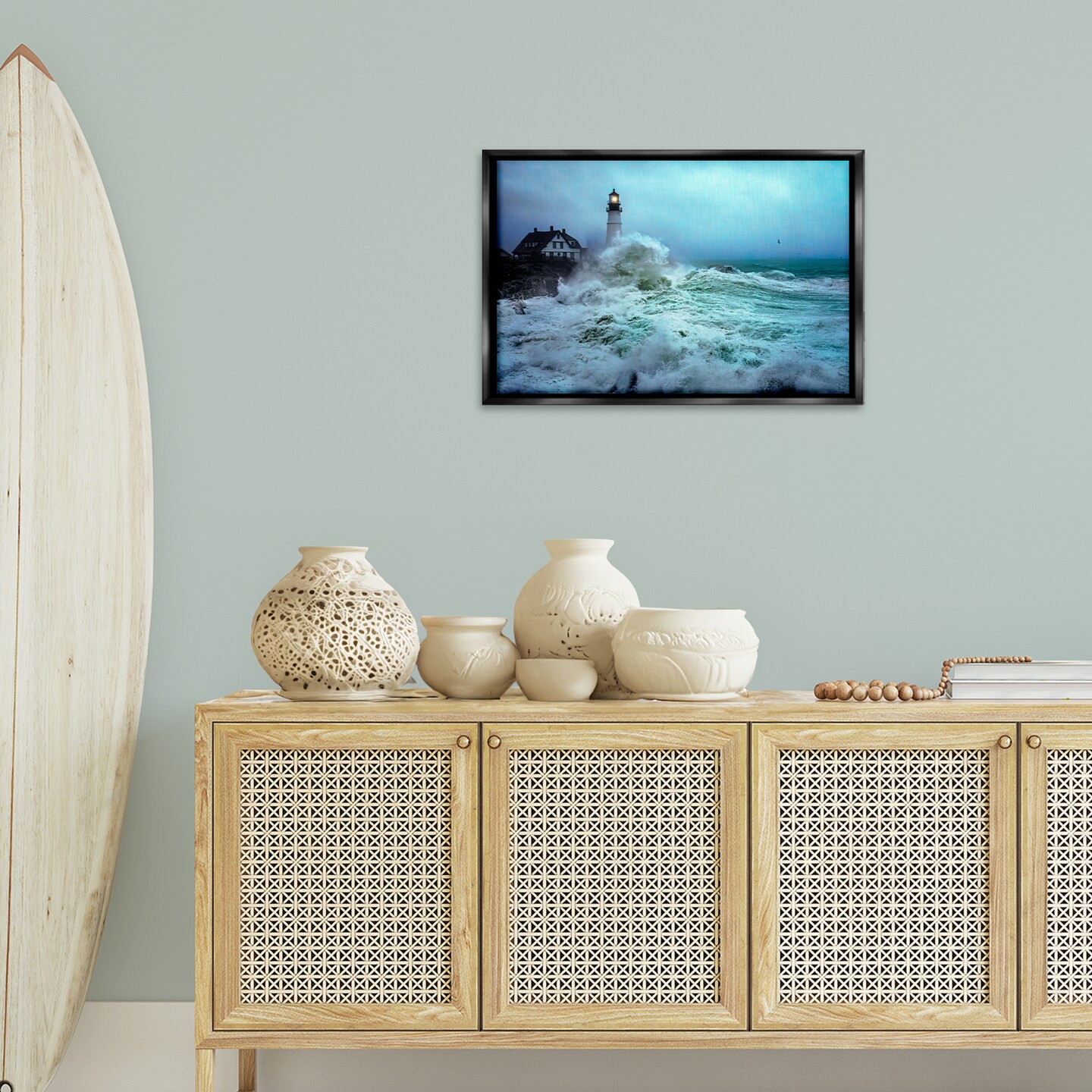 Stupell Industries Tall Splashing Waves Lighthouse Framed Floater Canvas Wall Art Design by Rick Berk