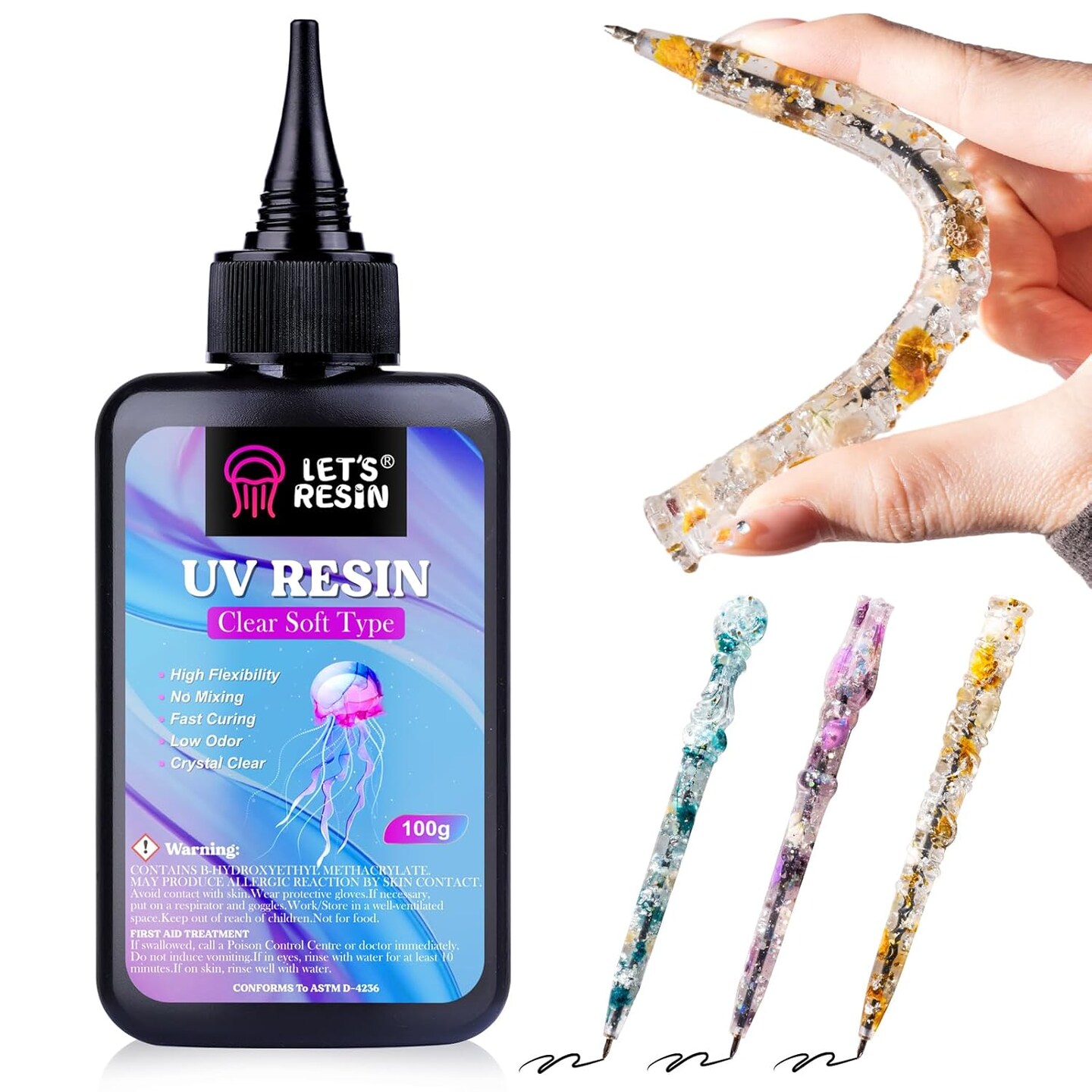 LET&#x27;S RESIN UV Resin Soft Type, 100g Elastic&#x26;Bendable Crystal Clear Ultraviolet Epoxy Resin, Low Shrinkage UV Resin Kit for Crafts, Jewelry Making, Decoration