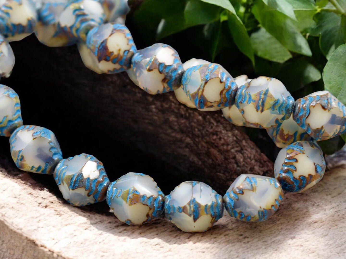 *15* 10x8mm Turquoise Washed White Opal Picasso  Faceted Bicone Beads