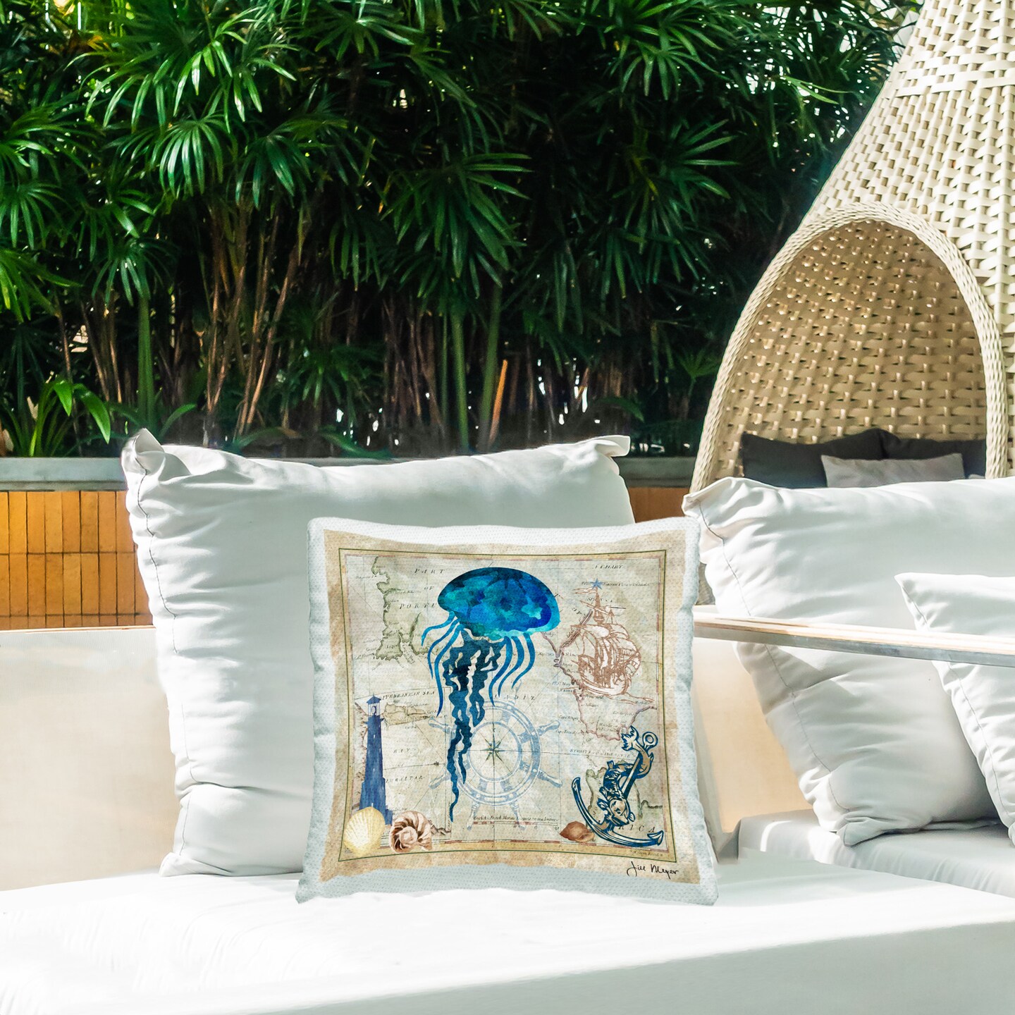 Jellyfish &#x26; Maritime Map Design by Jill Meyer Outdoor Printed Pillow 