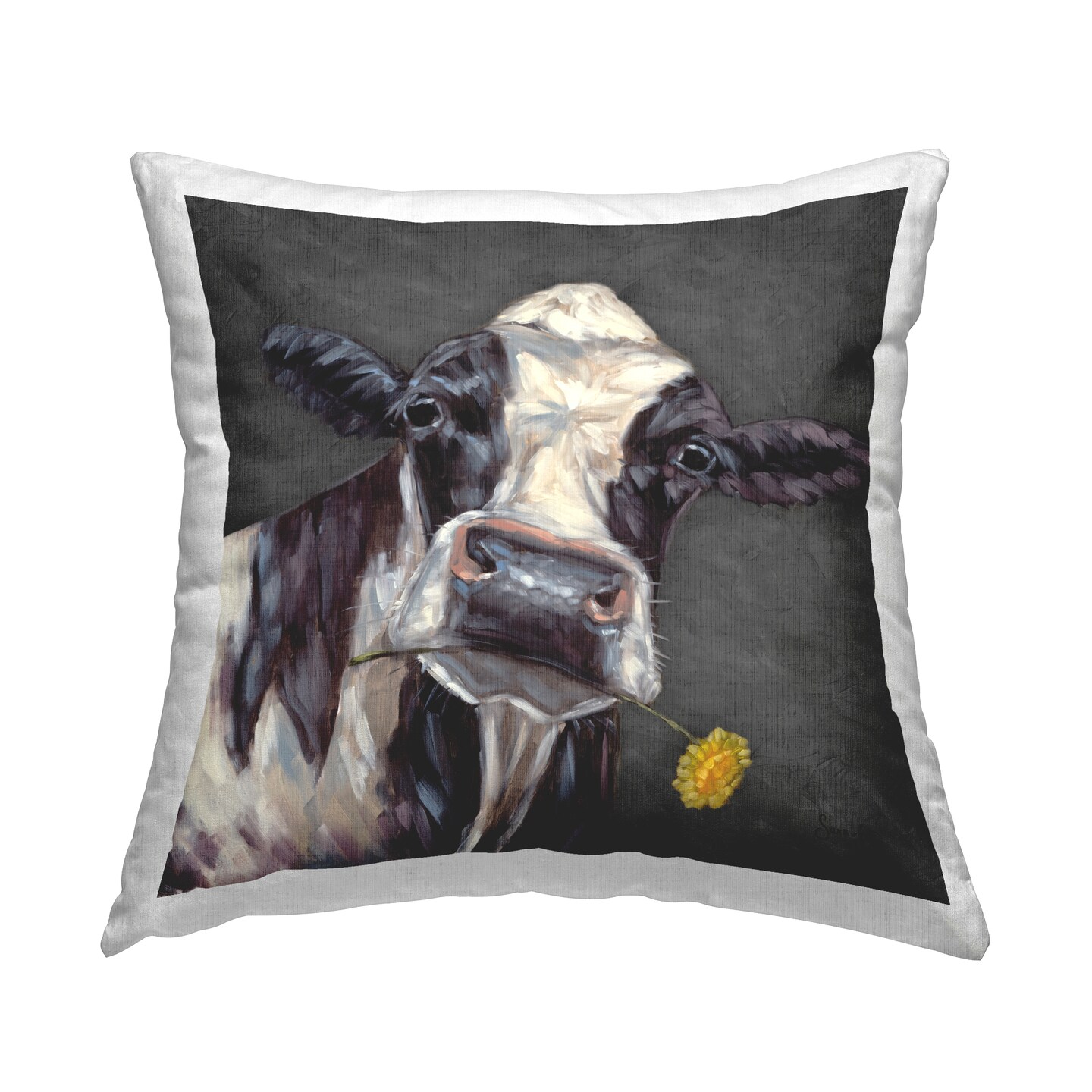 Cow with Yellow Daisy Decorative Printed Throw Pillow Design by Sara G. Designs, 18 x 7 x 18