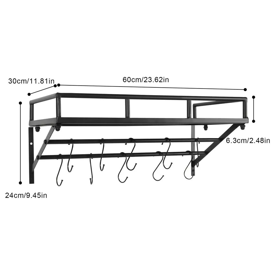Kitchen Wall Mounted Storage Shelf for Cookware Pan Pot Organizer Rack 10 Hooks