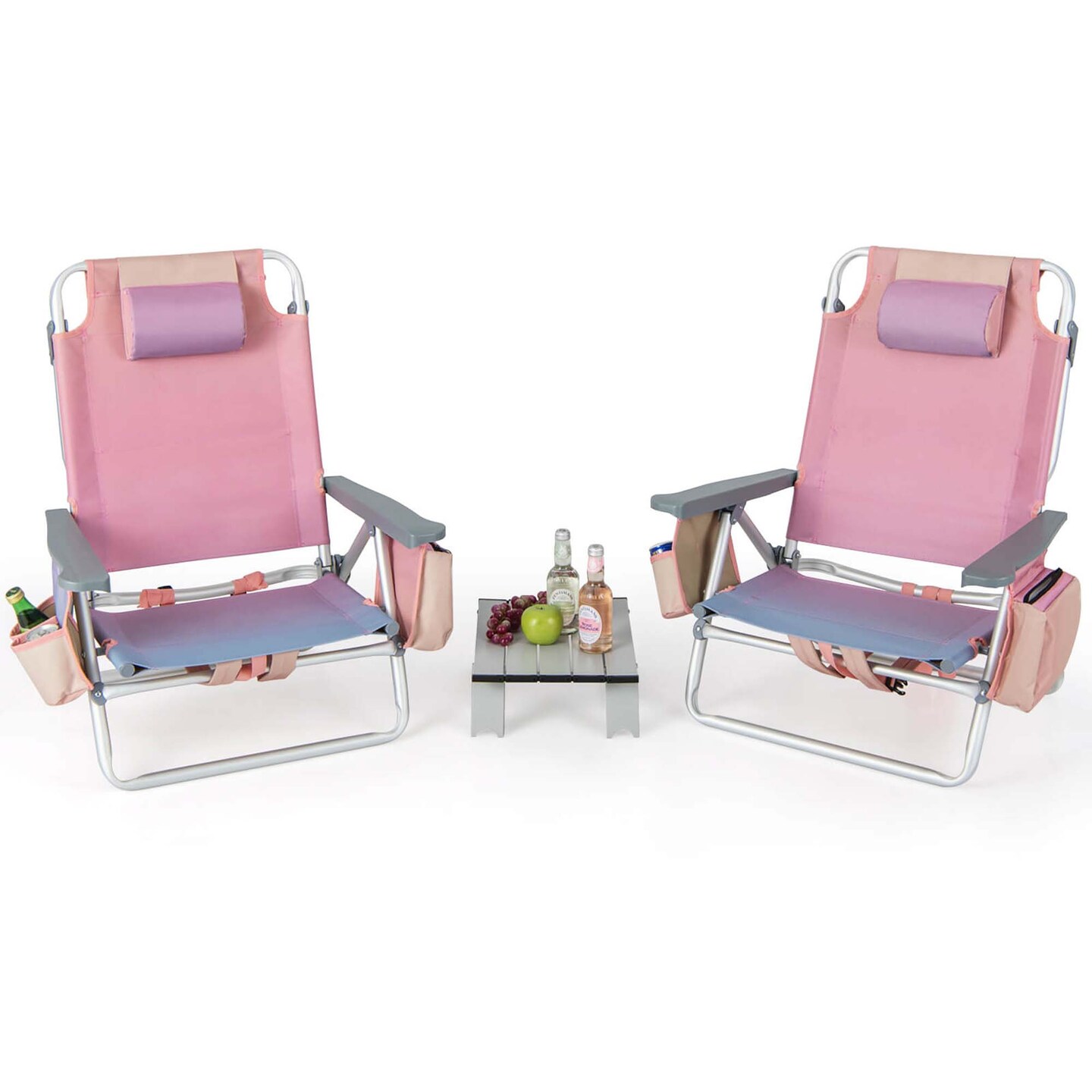 Costway 2-Pack Folding Backpack Beach Chair Table Set 5-Position Outdoor Reclining Chair Blue/Navy/Pink/Pattern/Flower/Yellow