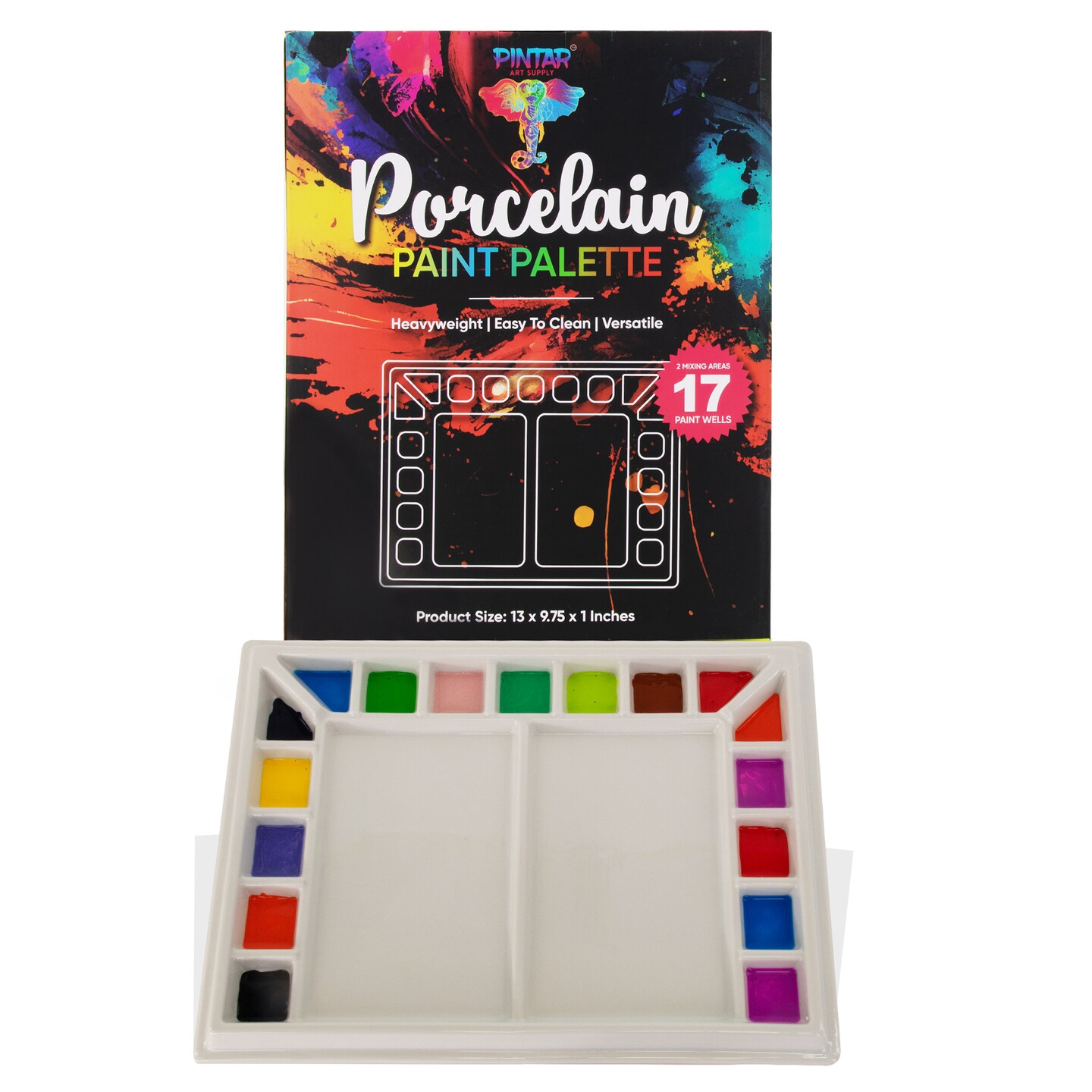 Pintar Ceramic Watercolor Paint Palette Tray - 17 Well Ceramic Palette | Rectangle - 13 x 9.8 inch Paint Pallet | Durable Watercolor Palette Tray for Acrylic, Oil, Gouache &#x26; All Water-Based Paints