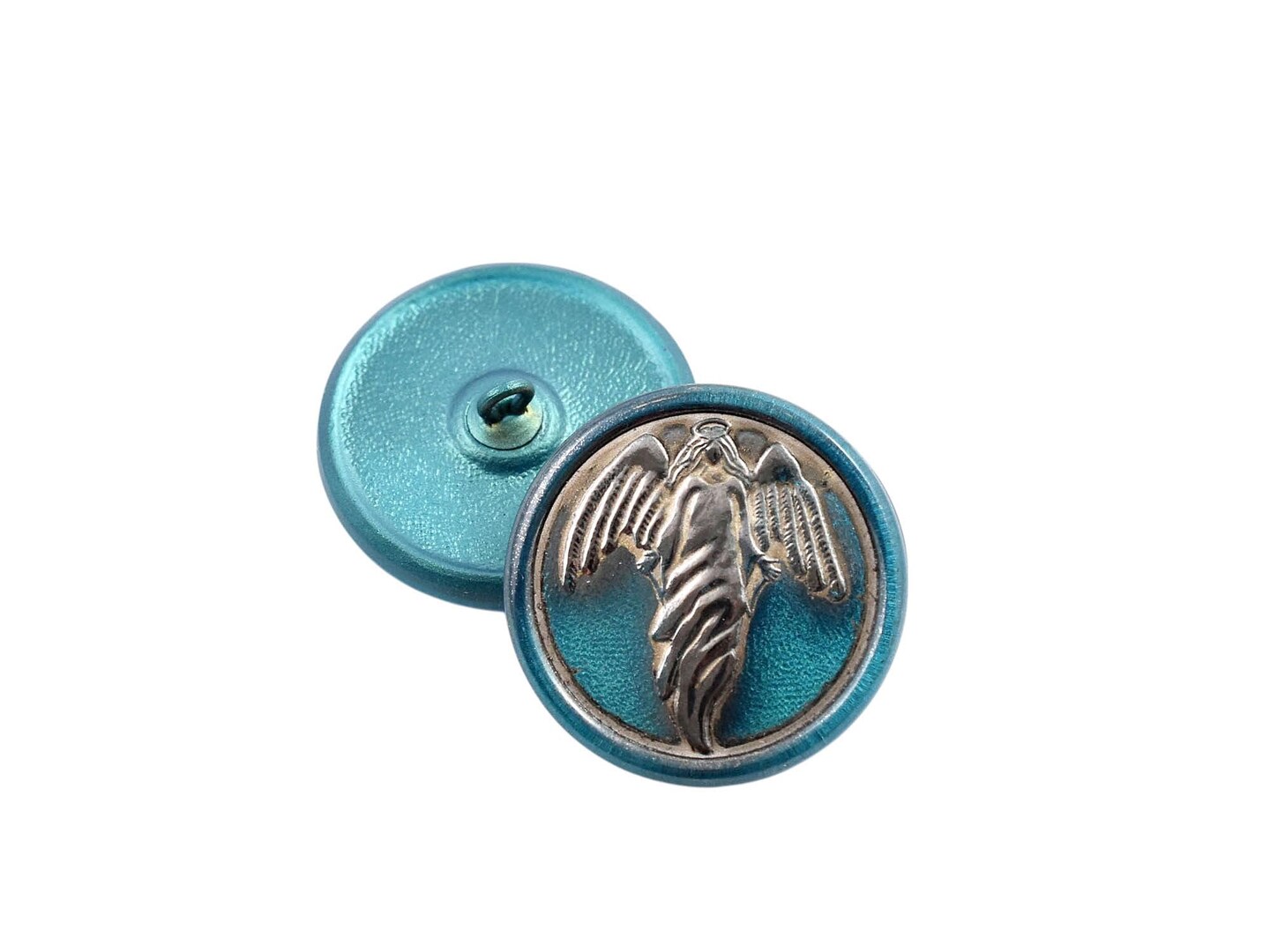 27mm Round Guardian Angel Button - Antique Teal with Platinum Wash - Czech Glass Buttons