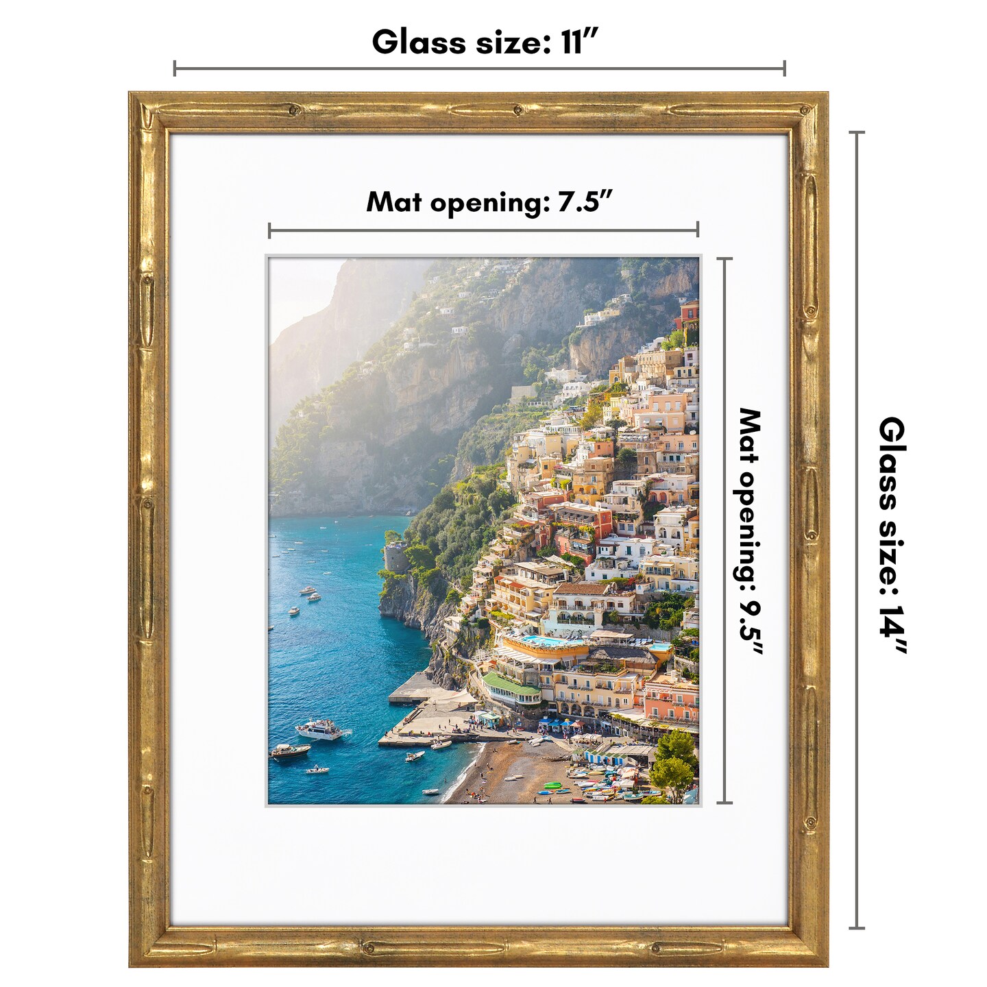 Americanflat Picture Frame with Bamboo Design - Gold Frame with Shatter-Resistant Glass - Use as 5x7 Frame with Mat or 8x10 Frame Without or Use as 8x10 Frame with Mat or 11x14 Frame Without - Faux Bamboo Photo Frame for Tabletop or Wall Display