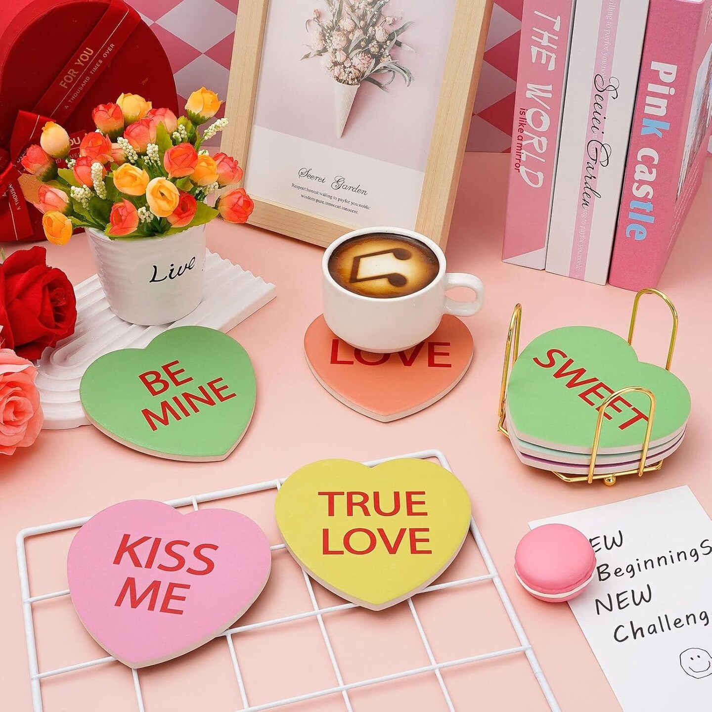 8Pcs Valentine Ceramic Coaster Set Conversation Heart Drink Coasters with Gold Coaster Holder Candy Heart Absorbent Coasters for Table Protection Birthday Housewarming Gifts Home Decor