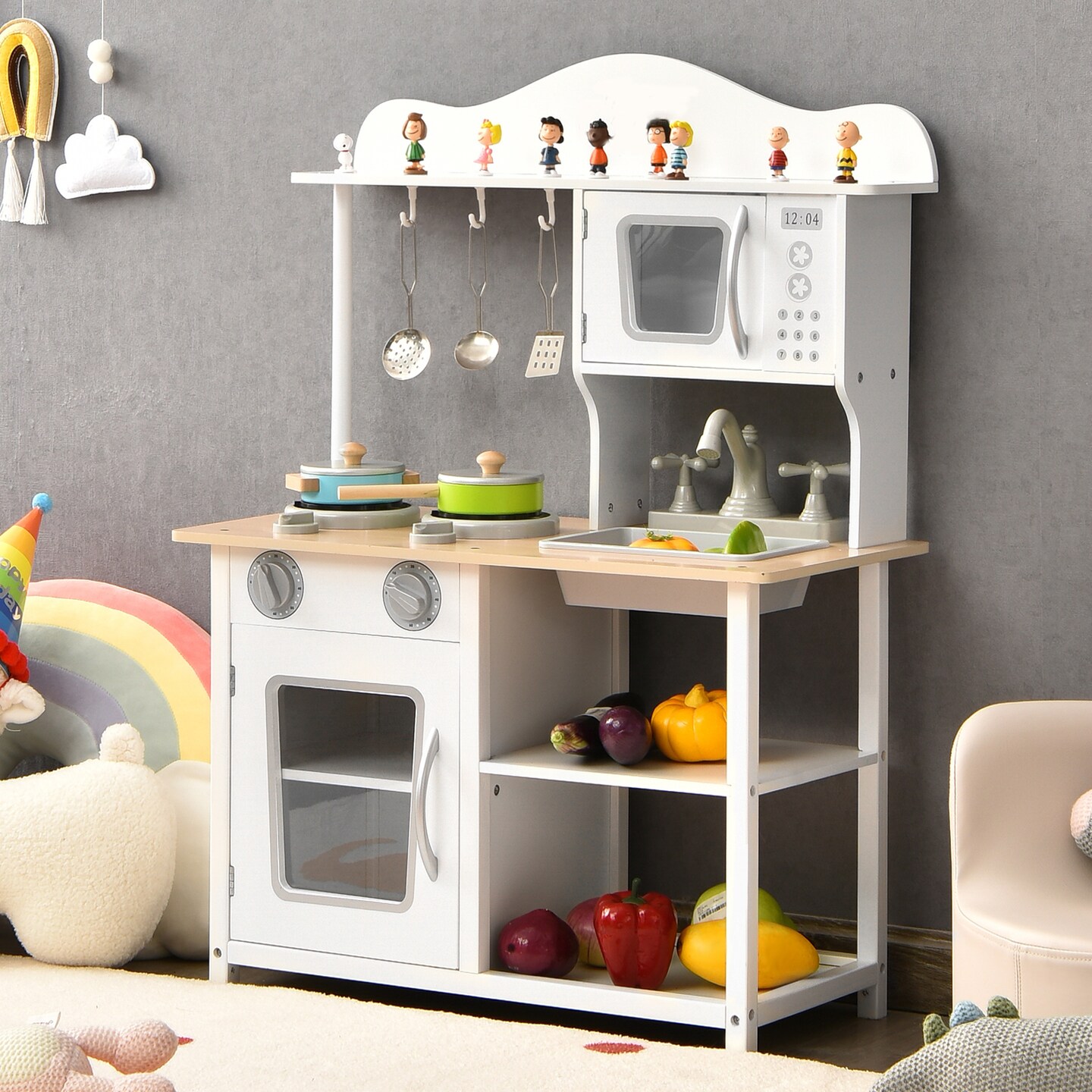 Wooden Pretend Play Kitchen Set for Kids with Accessories and Sink