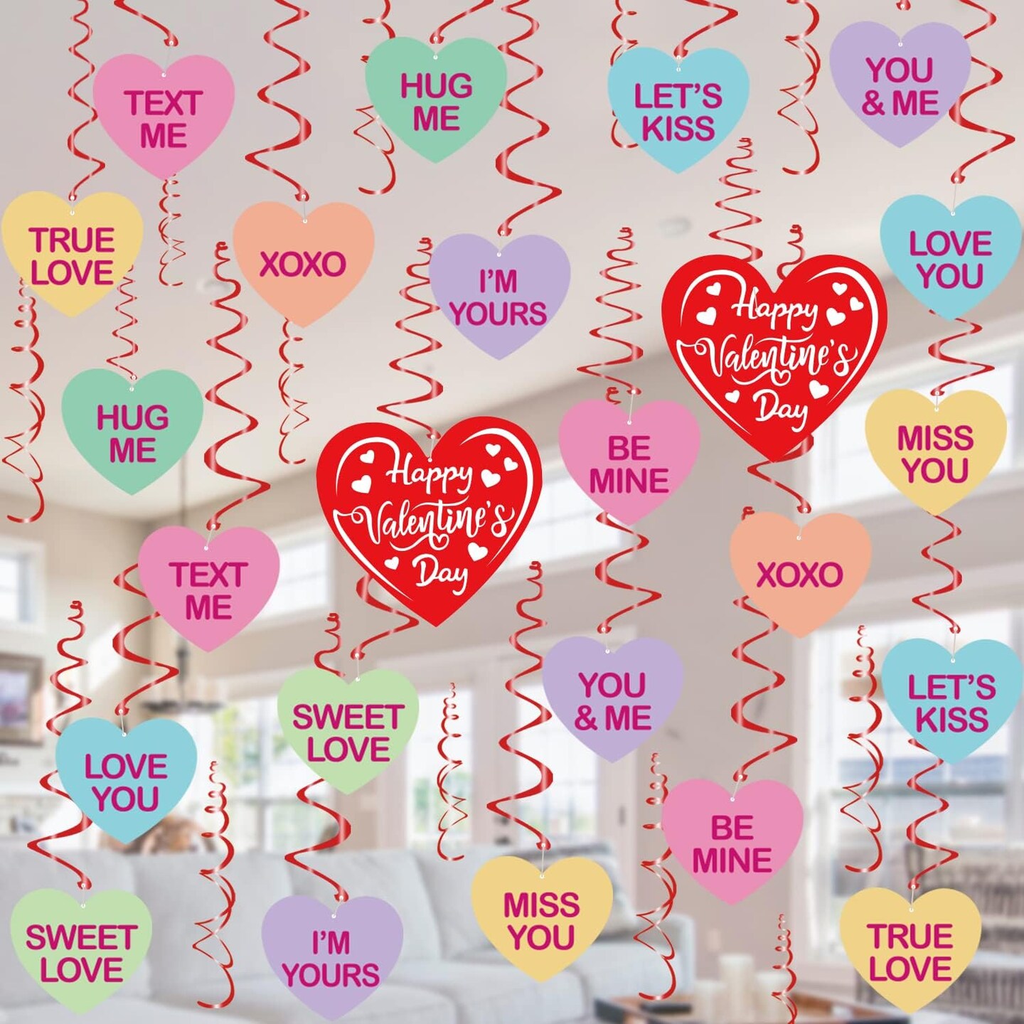 Valentine&#x27;s Day Hanging Decorations - 36 PCS Valentine&#x27;s Day Candy Hearts Swirl Ceiling Hanging Decoration - Conversation Hearts Decorations for Valentines Party