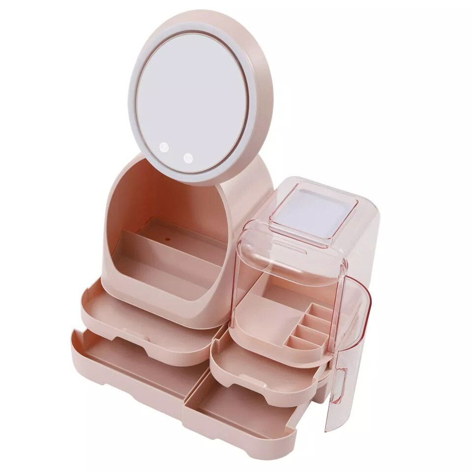 Makeup Organizer Modern Jewelry Cosmetic Storage With 3 Level LED &#x26; Mirror &#x26; Fan