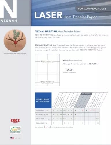 NEENAH TECHNIPRINT HS (Hard Surfaces) LASER TRANSFER PAPER 50 SHEETS 8.5&#x22;X11&#x22;
