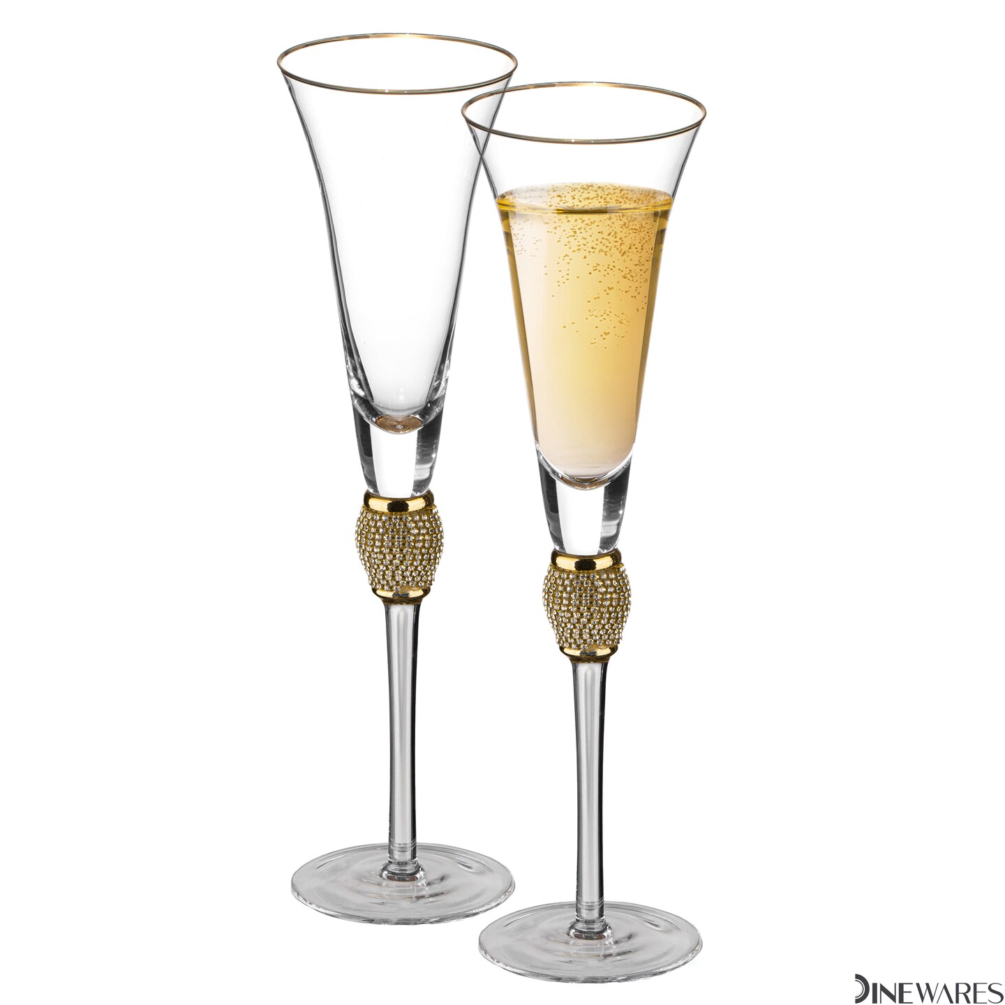 Elegant Crystal Set Wedding Champagne Glasses with Diamond Rhinestone Accents and a Polished Rim - 11 in Tall with Slender Long Stems, 7 oz - Chic Toasting Set for the Bride and Groom