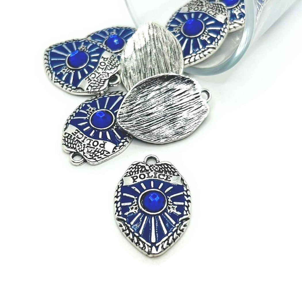 1, 4 or 20 Pieces: Blue and Silver Police Badge Charm with Rhinestone