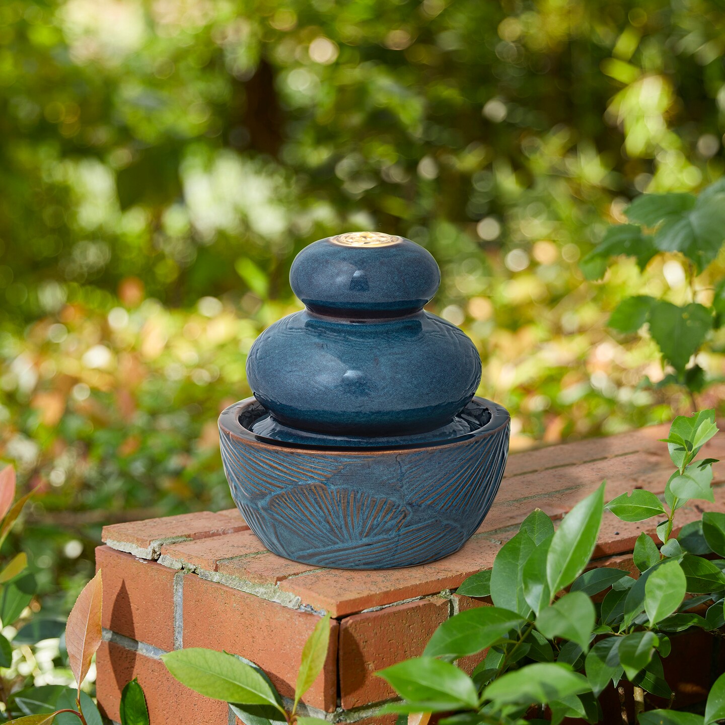 8.75&#x27;&#x27;H Turquoise Leaf Textured Ceramic Tabletop Fountain with Pump and LED light