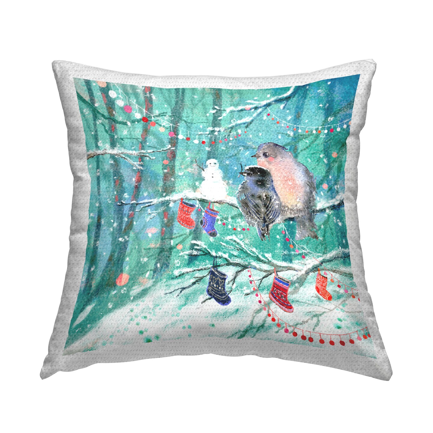 Snowman & Birds in Forest Design by Antonia Verbrugge Outdoor Printed Pillow