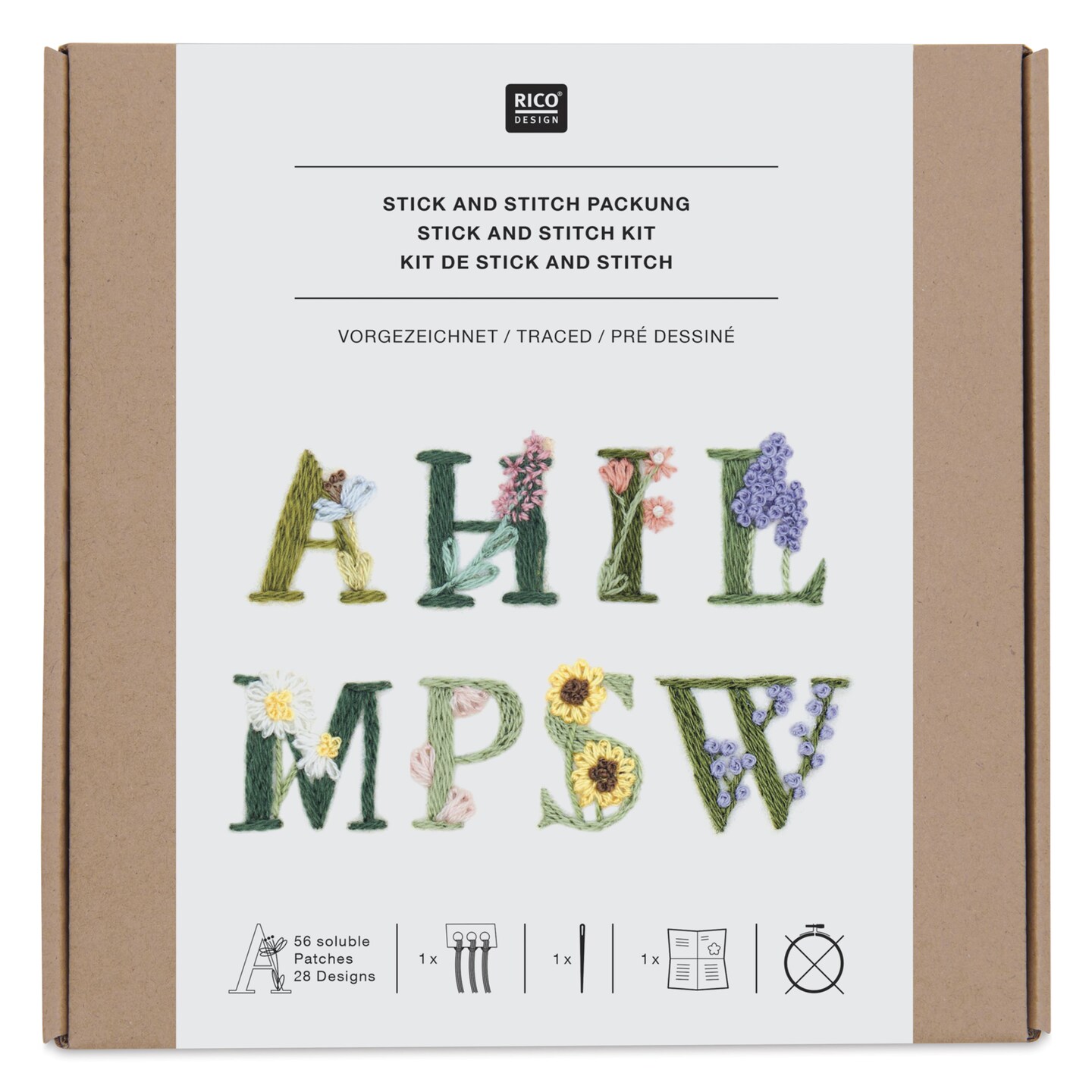 Rico Design Stick and Stitch Embroidery Kit - Pkg of 56, Colorful Floral Alphabet